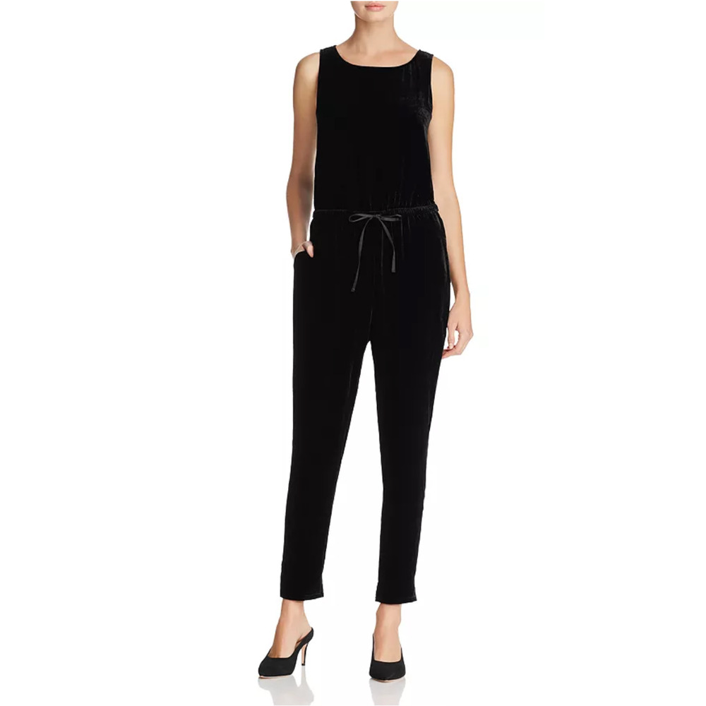Eileen Fisher Slouchy Jumpsuit Black Velvet Sleeveless Drawstring Sz L